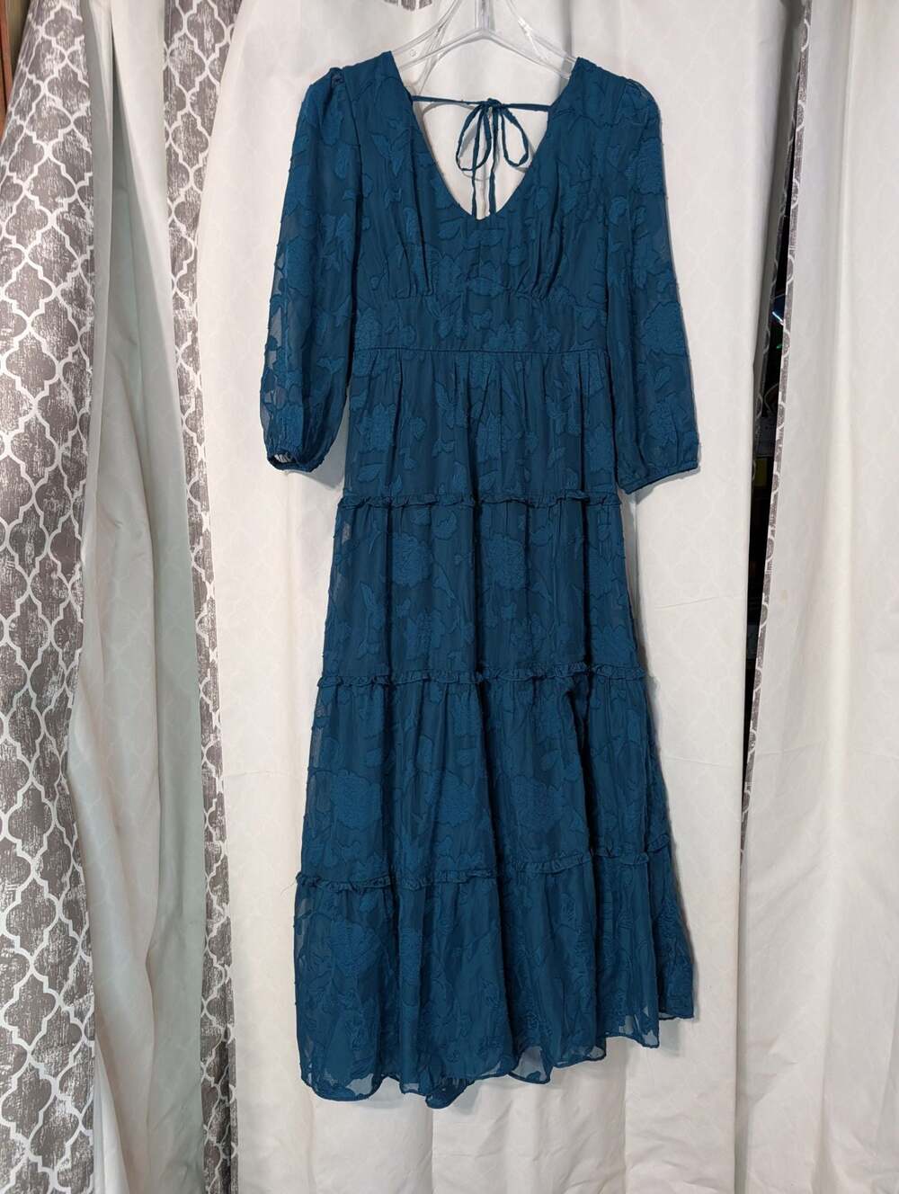 The General Good Teal Blue Floral Jacquard Tiered Maxi Dress Size XS